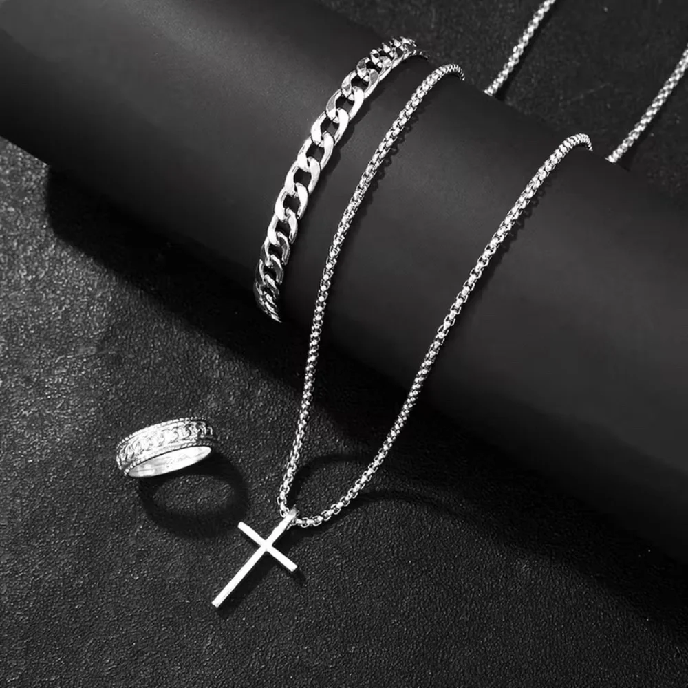 3PCS Men's Fashion Hip Hop Handsome Cross Jewelry Set, Necklace, Ring, Bracelet